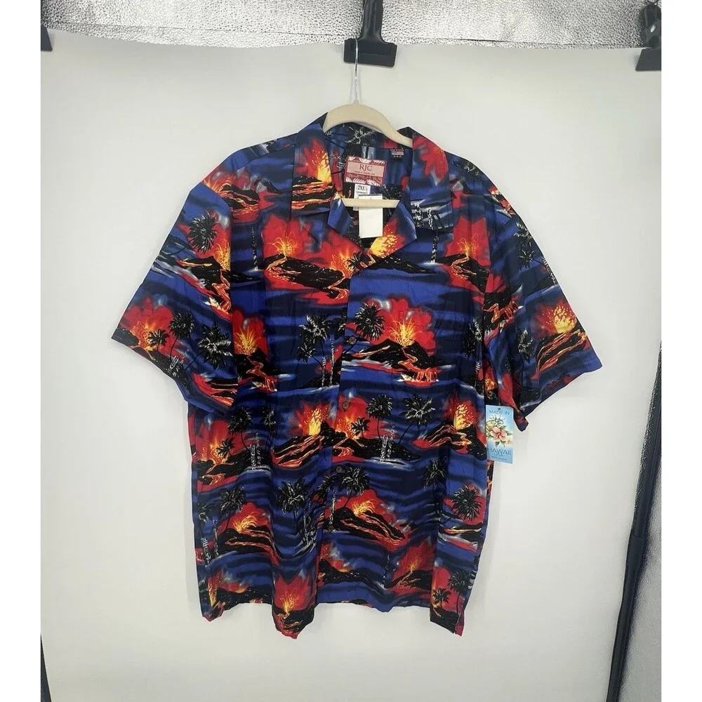 RJC Mens Kilauea Volcano Lava Aloha Button Down Shirt Size 2XL Hawaiian Tropical
